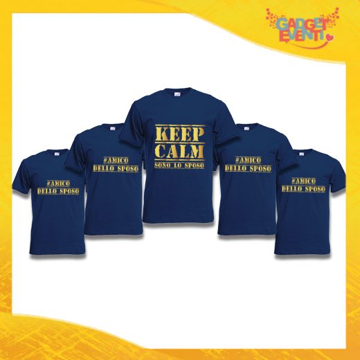 Pacchetto di T-Shirt Blu Navy Uomo "Keep Calm Sposo + Amici" Addio al Celibato Smanicato Maschile Divertente per feste e Party pre matrimoniali Gadget Eventi
