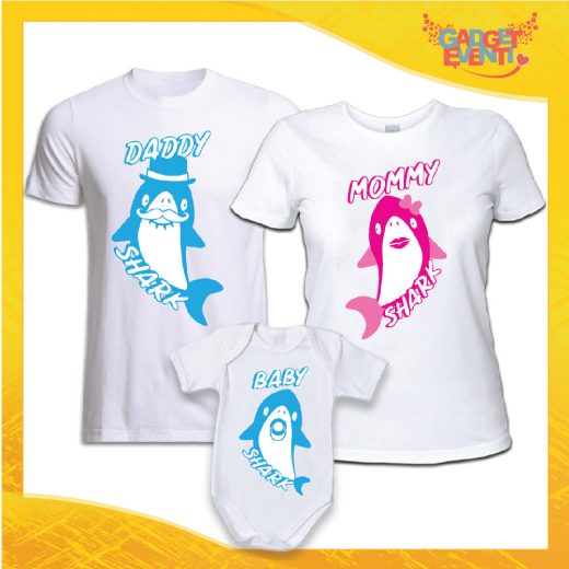 Tris di T-Shirt con Body DADDY MOMMY AND BABY SHARK BIANCO MASCHIETTO
