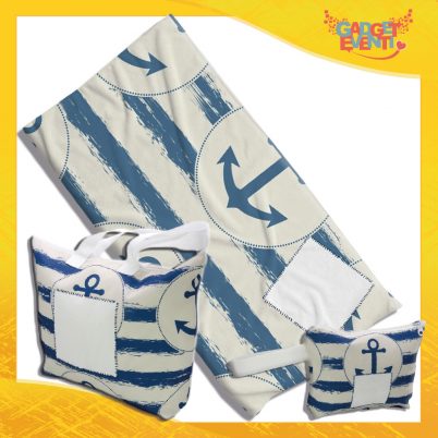Kit Mare Completo telo borsa e borsello personalizzato con nome e foto Ancore a righe bianche e blu